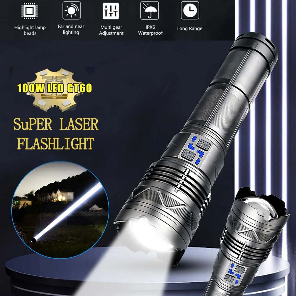 

High Power Led Flashlight Super Bright Spotlight Long Range Zoomable Emergency Torch Outdoor Flashlight Power Display