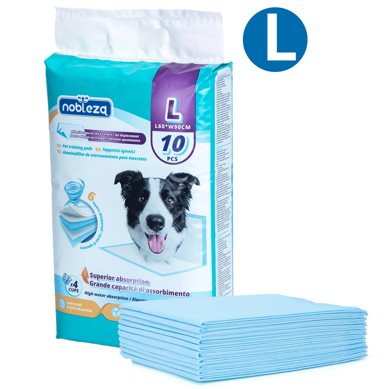 Tapis d'entraînement pour chiots Nobleza L 90x60 cm, 100 pièces, auto-adhésifs et très absorbants, avec support en PE pour une adhérence sécurisée à la maison et en déplacement