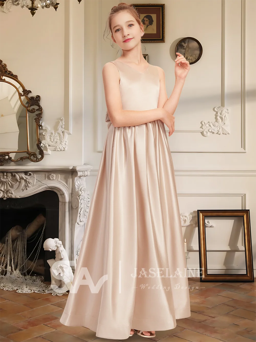 Elegante abito da damigella d'onore junior in raso con scollo a V e lunghezza al pavimento con fiocco Abito da ragazza di fiori per ragazze Festa di nozze formale