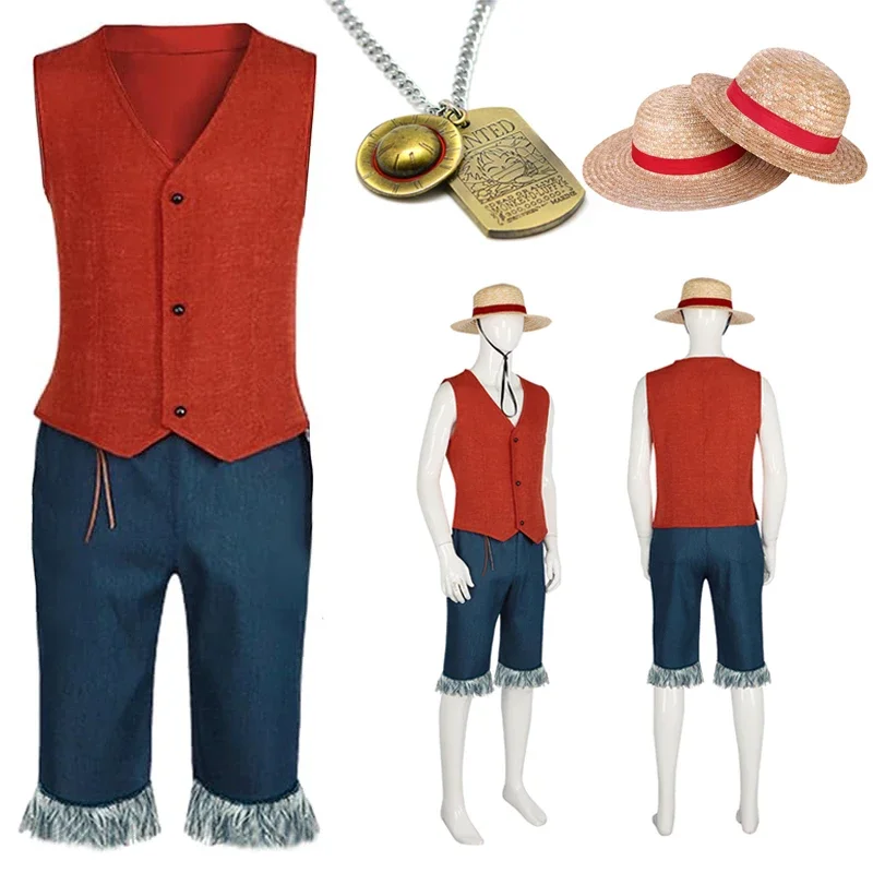Luffy Cosplay Monkey D Luffy Kostuum Rood Vest Shorts Hoed Touw Anime Outfit Volwassenen Mannen voor Halloween Party - afbeelding 2