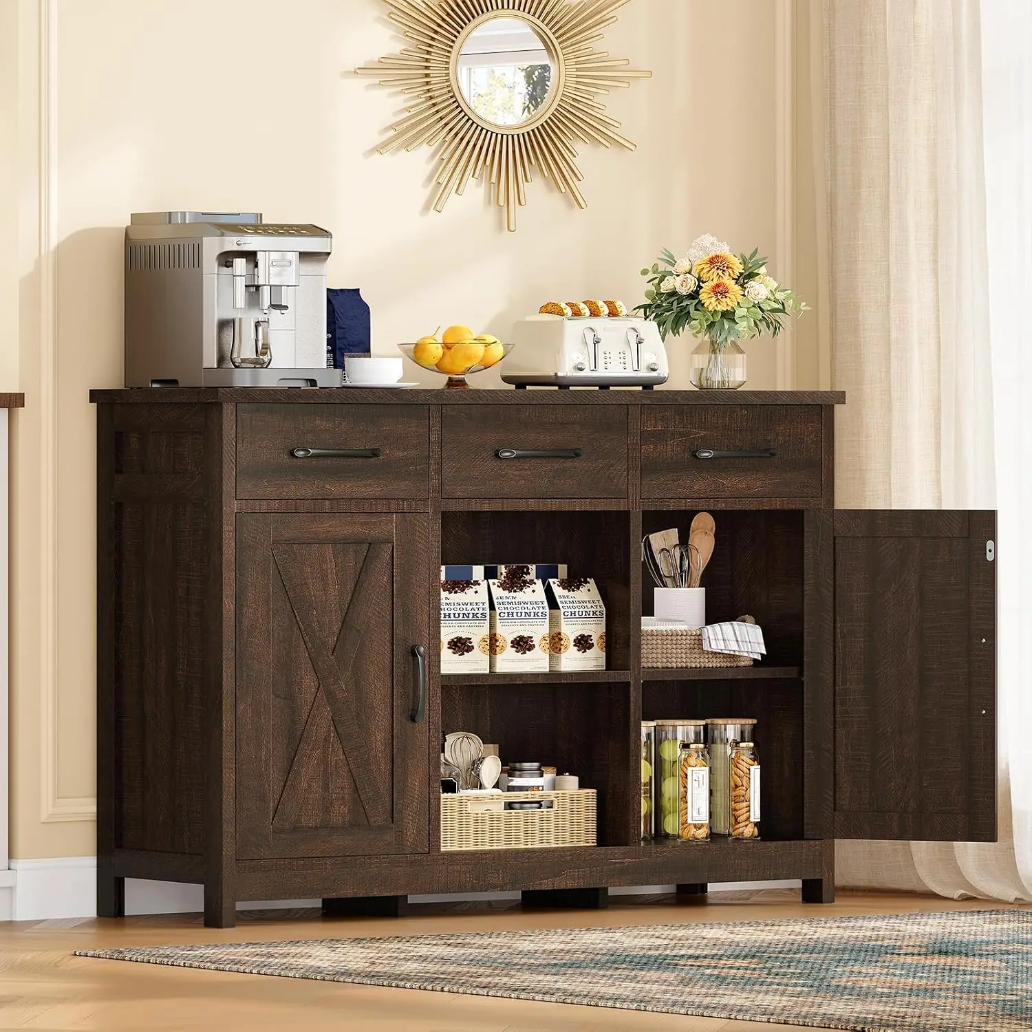 Coffee Bar Cabinet With 3 Drawers, Farmhouse Buffet Cabinet Kitchen Buffet Sideboard Cabinet With 2 Adjustable Shelves & 2 Doors, for Kitchen Room, Dining Room, Living Room, Dark Brown