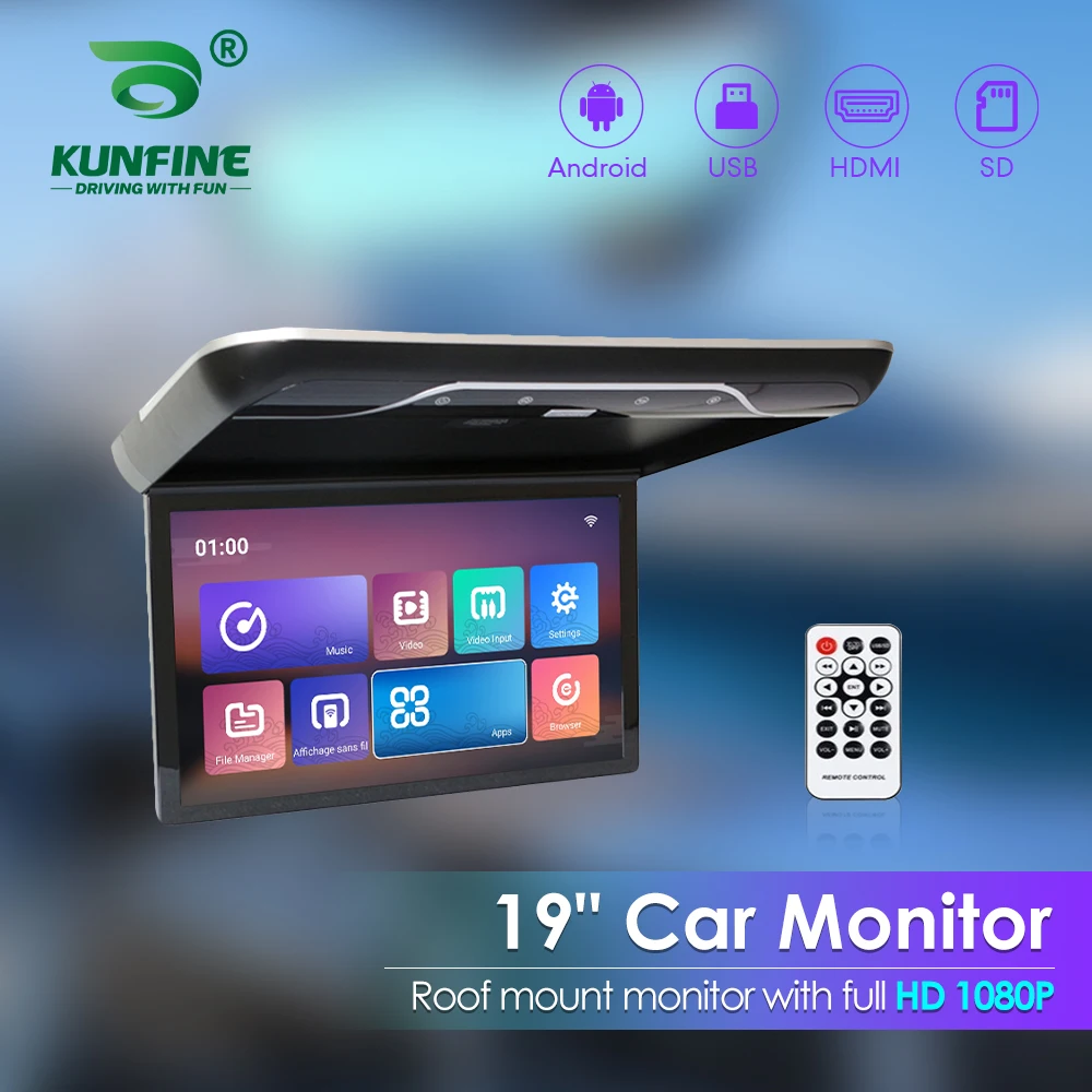 19 Inch Car Roof Monitor TV Flip Down 1080P Video HD IPS Screen With 16-color Ambient Light USB TF HDMI FM Bluetooth Android 10