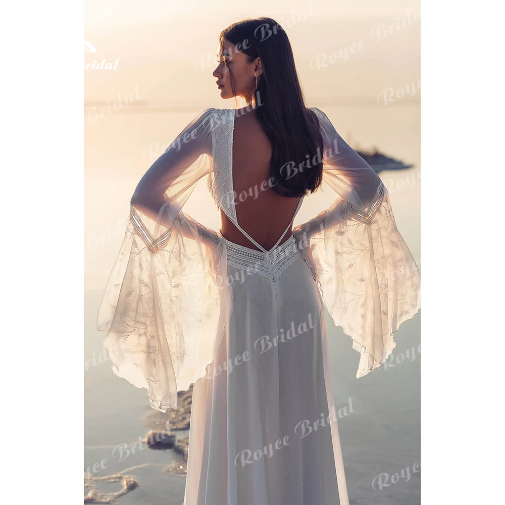 Vestido de novia de gasa de encaje con espalda descubierta para mujer, con aberturas laterales Sexy vestido de novia, cuello en V profundo, manga acampanada, línea A, Playa