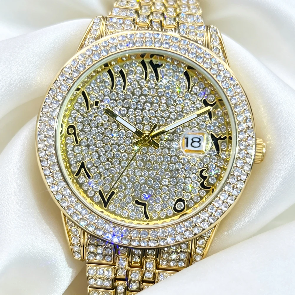Missfox Luxury Full Diamond Men Quartz Watch GoldBracelet Big Face Arabic Numeral Dial Date Calendar Bling Iced Out Crystal Hip Hop Rapper Business Dress Waterproof Male Wrist Watch Holiday Gift For Men Husband Boyfriend view 4