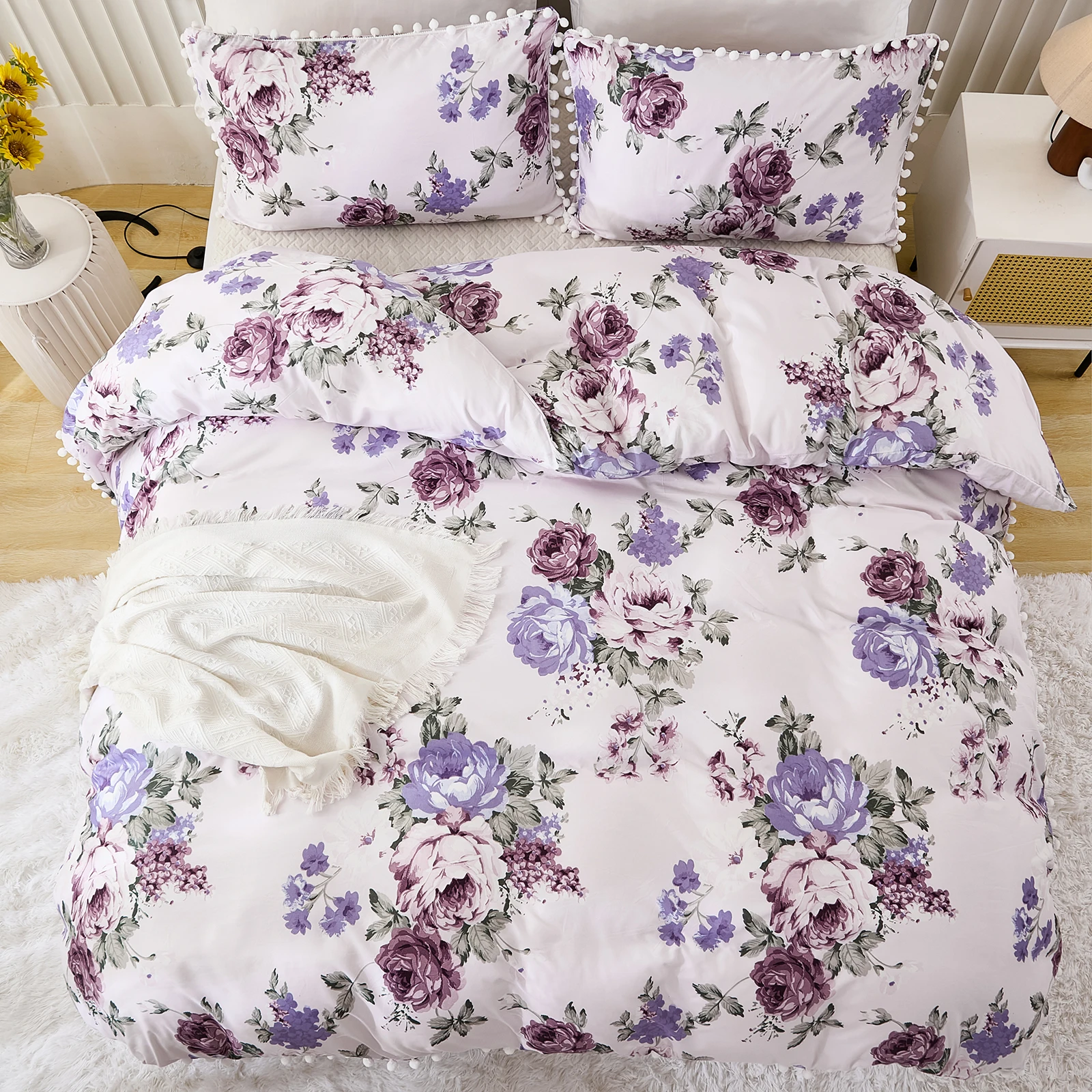 3PCS Pink And Purple Duvet Cover Set PomPom Comforter Cover Floral Bed set soft lightweight Down Bedding Set for All season