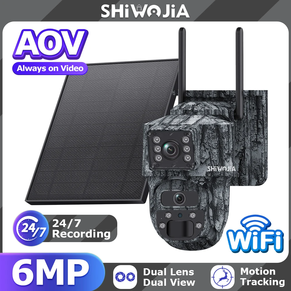 SHIWOJIA 24/7 AOV 2 Lens Dual View 4G SIM Solar Camera Wireless PTZ Auto Tracking Two Way Audio Outdoor Security Cam