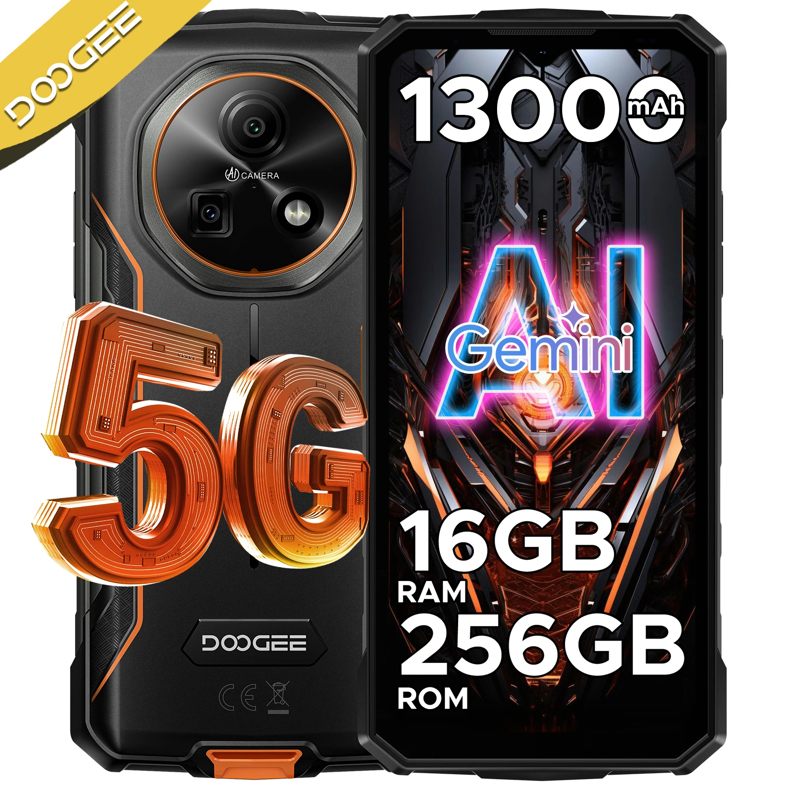 DOOGEE Fire 7 5G Rugged Phone 13000mAh Battery 6.6'' Screen Android 15 64MP Camera 16GB+256GB Dimensity 6300 NFC Smartphone