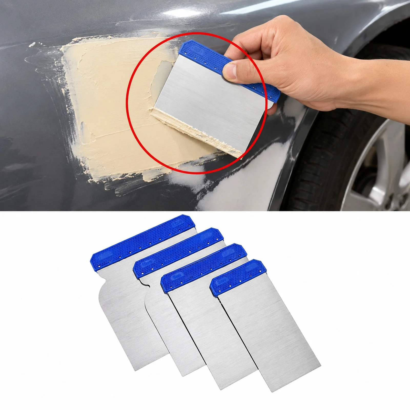 Car Body Filler Spreader Car Film Scrapers Stainless Steel Putty Scraper Set for Window Tint and Wallpaper Edge Squeegees Tool
