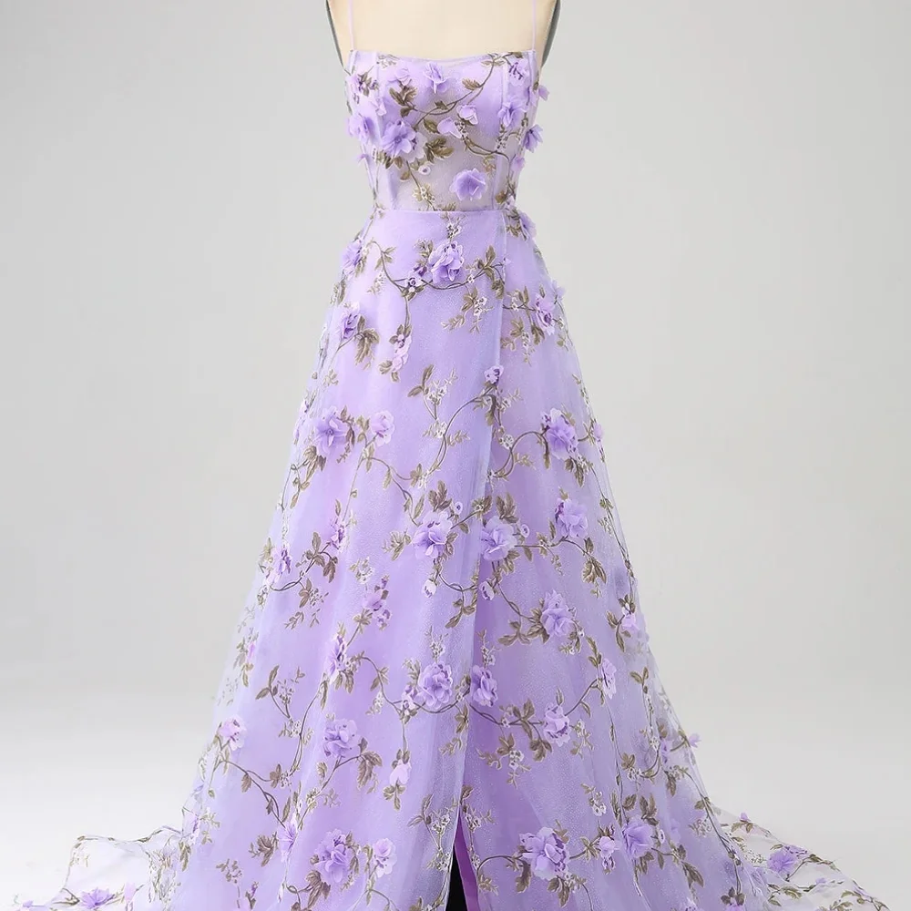 Classy Long Purple Spaghetti Straps Tulle Prom Dresses Sleeveless with Appliques A Line Slit Floor Length 고급파티드레스