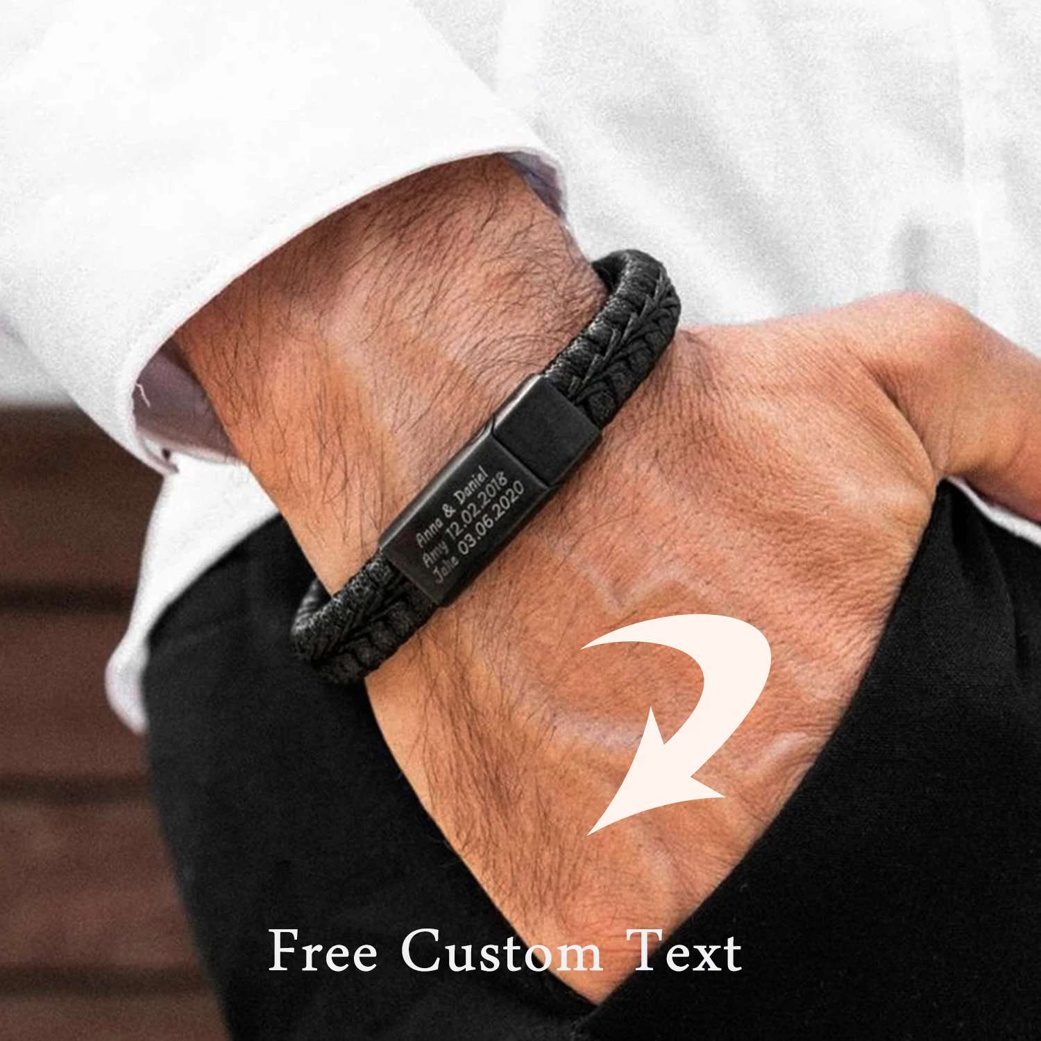 

Personalized Black Leather Explorer Bracelet For Men Custom Engraved Name Date Strong Magnetic Clasps Bracelet Father's Day Gift