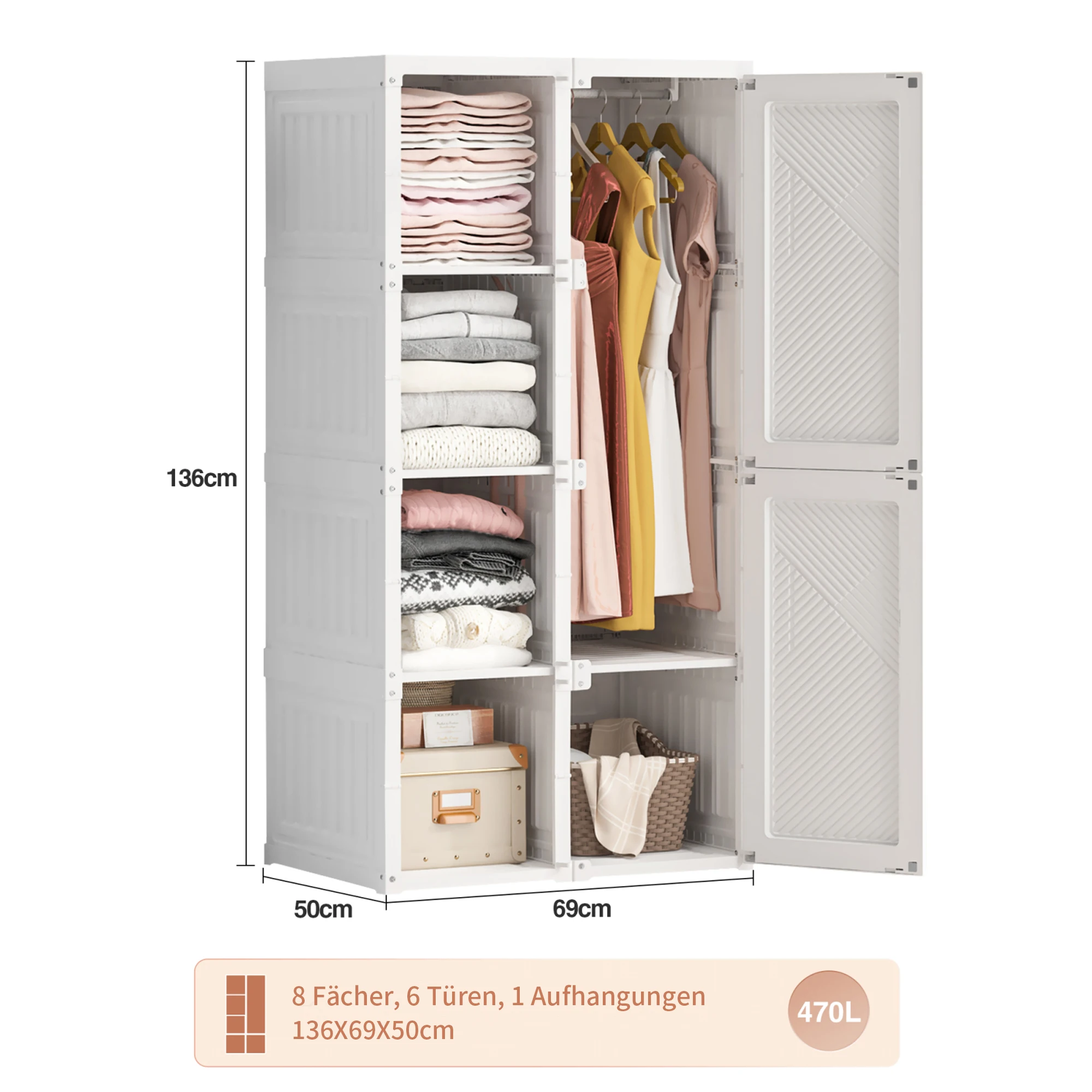 Opvouwbare kast zonder montage, 5-laags kledingkast, 6-deurs, 1 garderobekast, opbergruimte voor 60 kg sterke PP-kleding, modern design