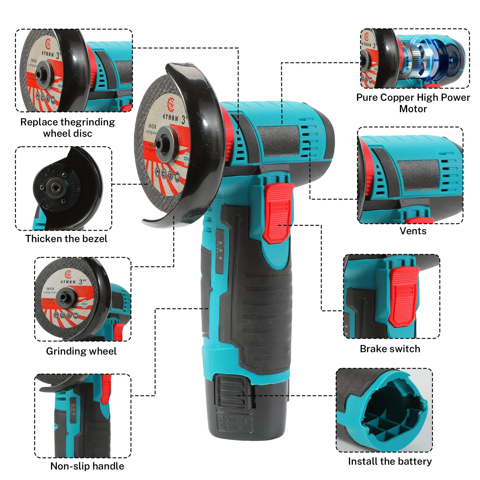 19500 دورة في الدقيقة 12 فولت طاحونة زاوية صغيرة قابلة للشحن ماكينة الطحن بطارية ليثيوم لاسلكية طاحونة قطع أدوات كهربائية