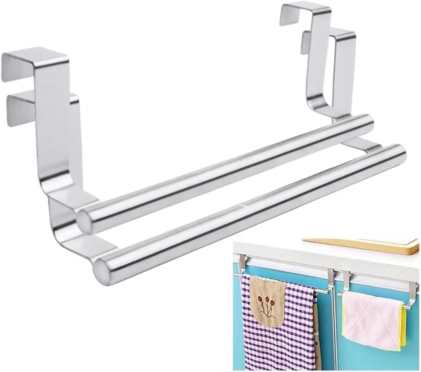 2pcs Kitchen Cabinet Towel Bar Holder, Fits on Cupboards Over Cabinet Door, Towel and Wash Cloth Hanging Storage Accessories