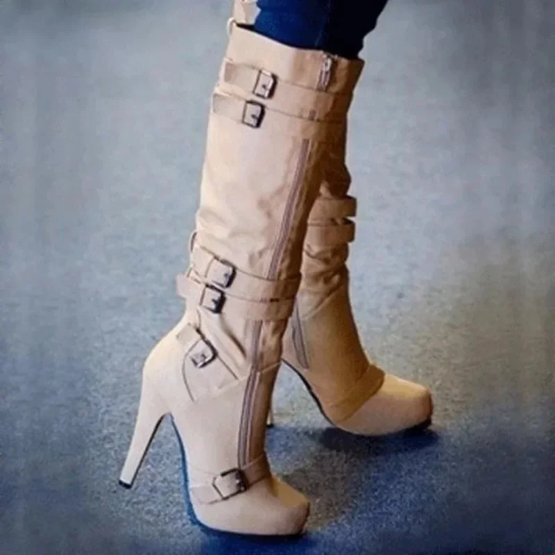 Mode femmes bottes genou haute Mature mode bottes 9CM Stiletto Style européen et américain côté fermeture éclair tête ronde femmes chaussures