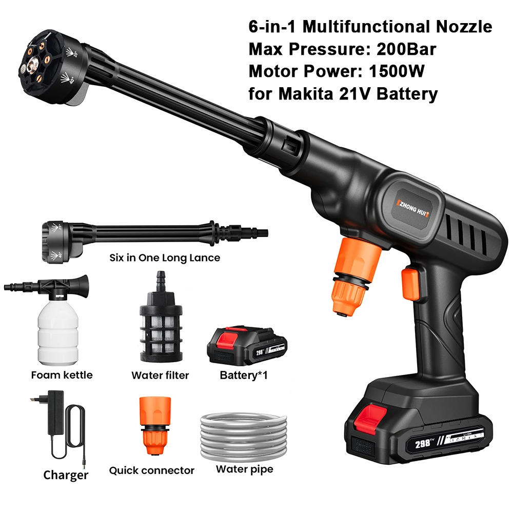 3500 W 200 Bar kabelloser elektrischer Hochdruckreiniger, Sprühwasserpistole, Autowaschdruck-Wasserreinigungsmaschine für 21 V-Batterie