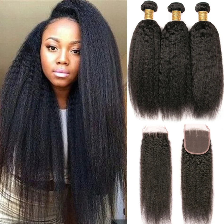 Kinky Straight Bundles With Closure 12A Raw Indian Yaki Straight 100% Human Hair Bundles With HD Lace Hair Bundles With Frontal