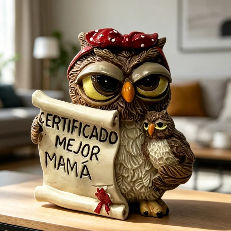 Resin Owl Mom Figurine With Baby Owl,Best Mom Certificate Scroll Ornament,Red Bow Decor Desktop Statue