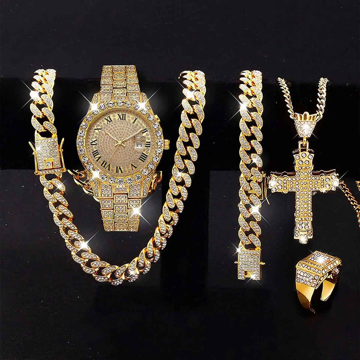 5-Piece Set, Men's Luxury Trendy Quartz Watch with Cuban Bracelet Necklace, Cross Pendant Necklace, Ring Set, Fashionable Street Style, Men's Wristwatch, Men's Gift.