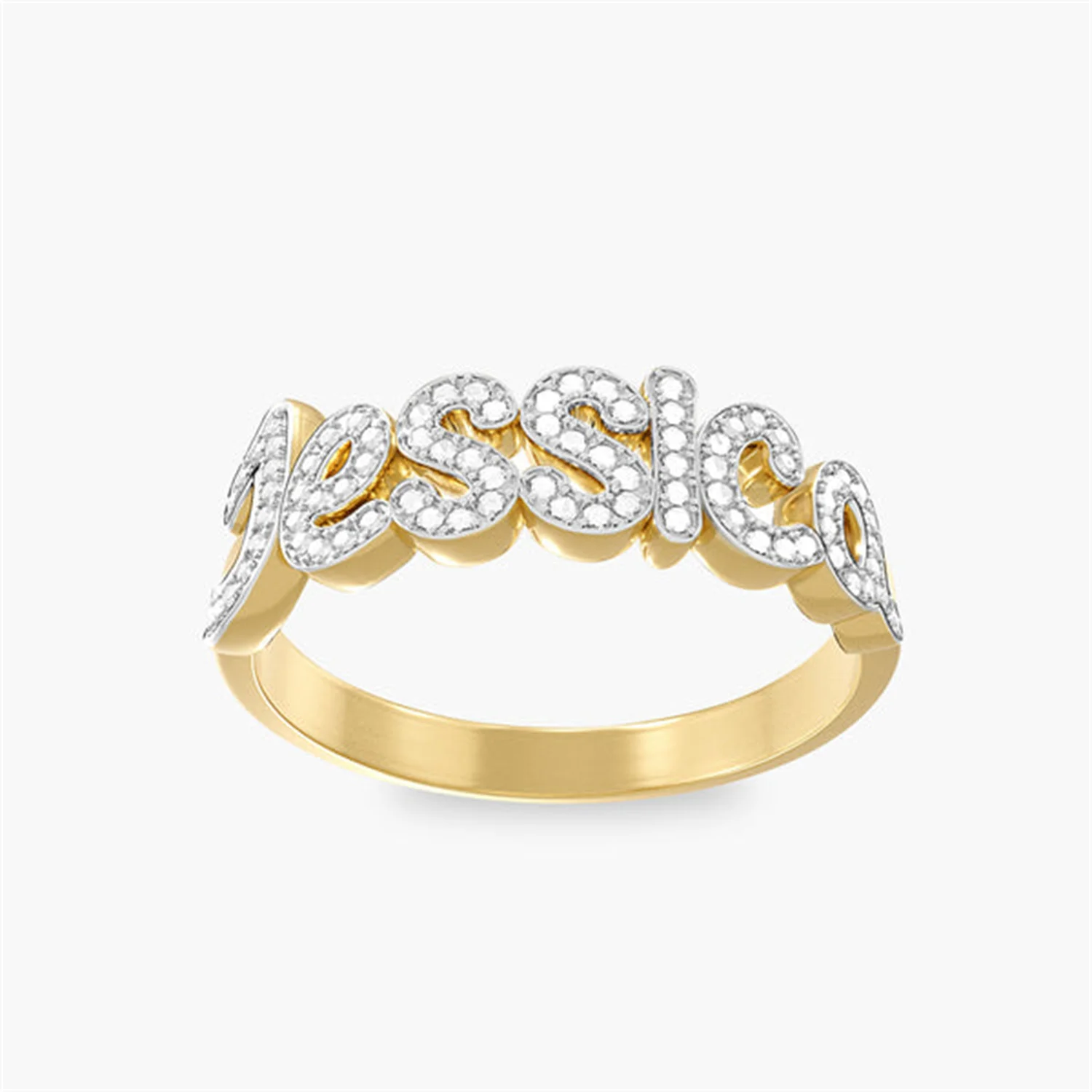 Custom Iced Out Name Ring Personalized Diamond Pave Script Letter Ring 18K Gold-Plated Rings For Women Gifts