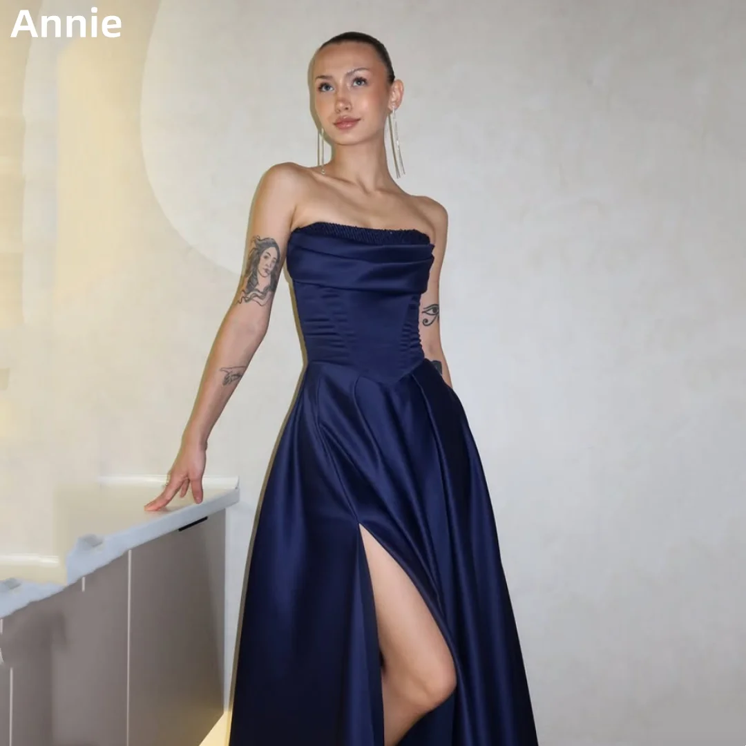 

Annie Navy Prom Dresses Pleated Satin Sequins Evening Dresses Sexy Off-shoulder A-line Elegant Lady Wedding Party Dresses