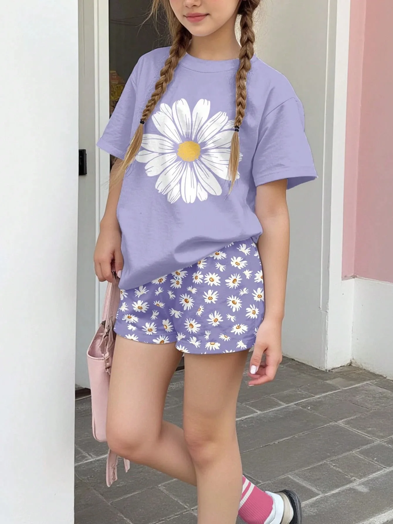 Kids Clothes Girls 2Pcs Outfit Daisy Floral Print Short Sleeve Tee and Shorts Suit Suitable for Spring Summer Daily Fashion Wear