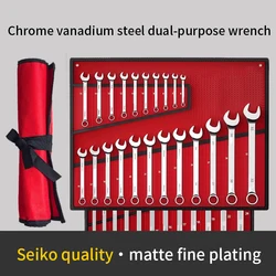 Wrench Set with Roll-Up Pouch, 6-24mm, CRV Steel, 15° Angled Open & 12-Point Box End, Mirror Chrome Finish for Home & Workshop