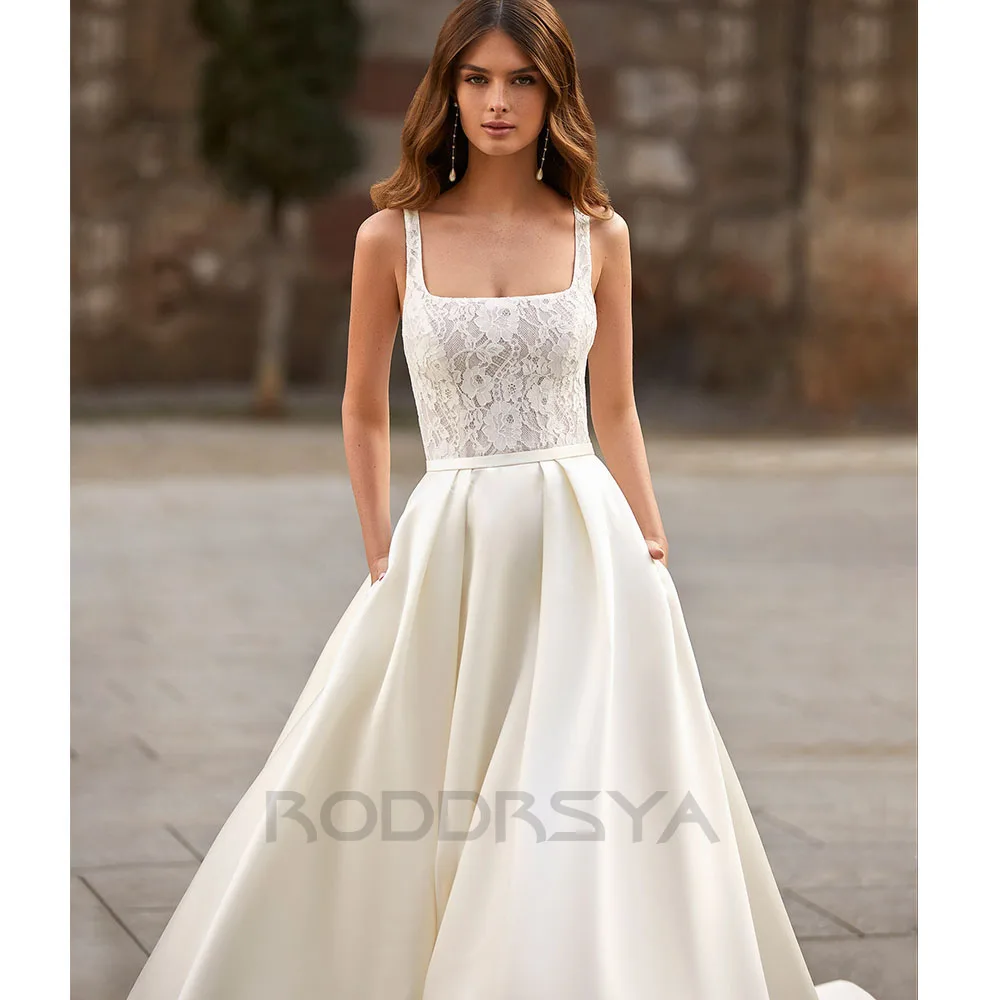 RODDRSYA Simples Vimtage Vestidos De Casamento 2024 Praça Collar Backless Para As Mulheres Vestidos De Noiva Inserível Bolso vestidos de novia Simples Vimtage Vestidos De Casamento 2024 Praça Collar Backless Para As Mu