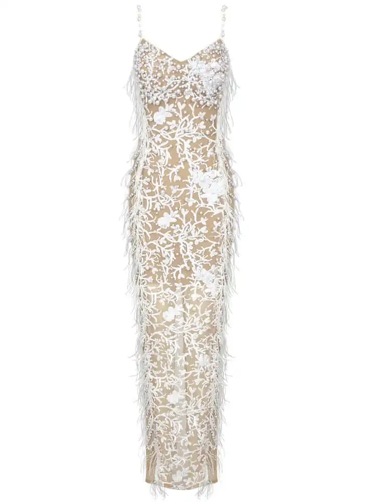 Elegant  Sequin Evening Gown with Pearl Embellishments and feather bandage evening dresses  women dress