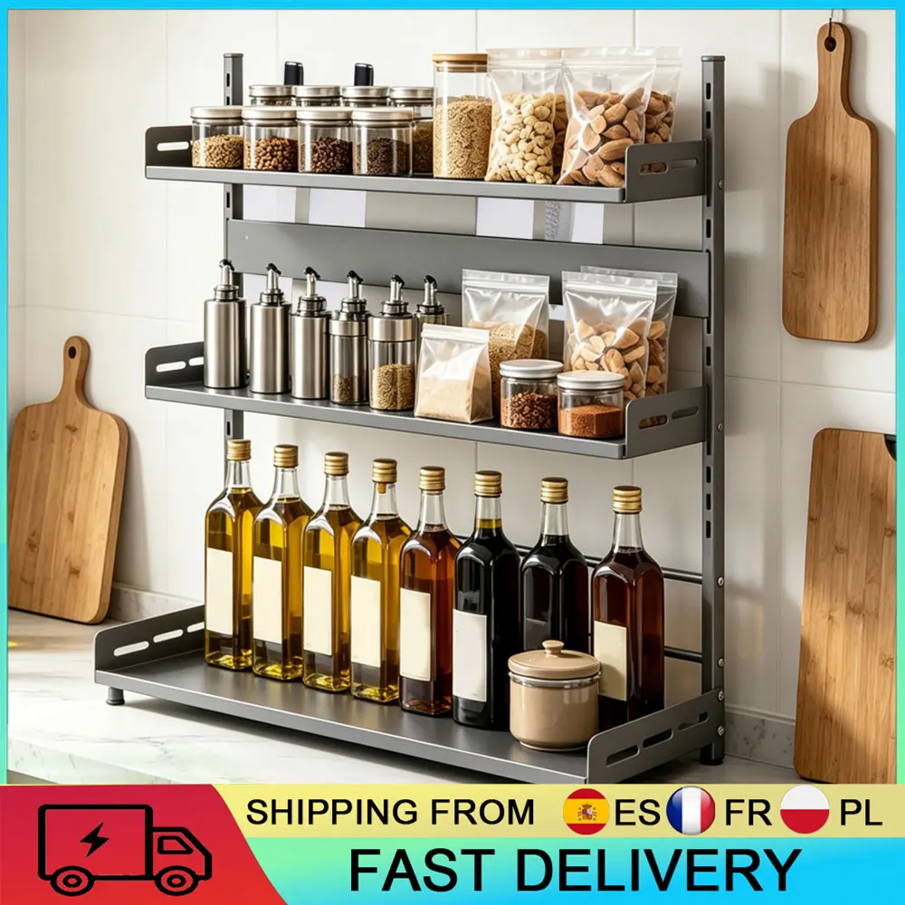 Portaspezie a 3 livelli, organizer per condimenti da cucina con altezza regolabile, scaffale da appoggio in acciaio al carbonio con portacoltelli per barattoli di spezie, bottiglie d'olio, condimenti,