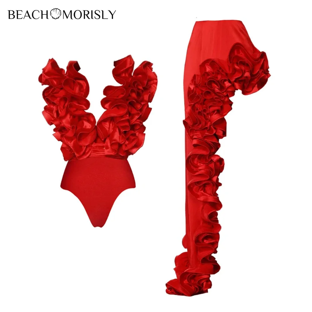 2025 Traje de baño y falda para mujer de dos piezas Conjunto de bikini de una pieza con flores rojas sexy en 3D Traje de baño Vestido de playa Traje