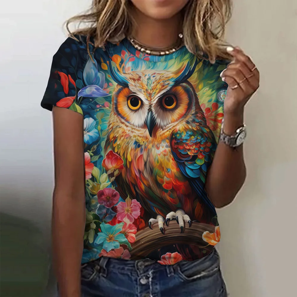 

Fashion Women Short Sleeve 3d Cute Owl Graphic Printed Tees Animal Print Round Neck T-Shirt Oversized Female Clothing Ladies Top