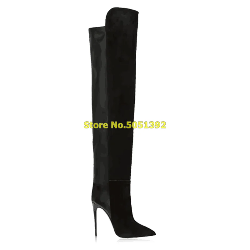 Leather Suede Patchwork Boots Over The Knee Stiletto High Heel Sexy Pointed Toe Solid Fashion Women Boots 2024 New Arrival Shoes