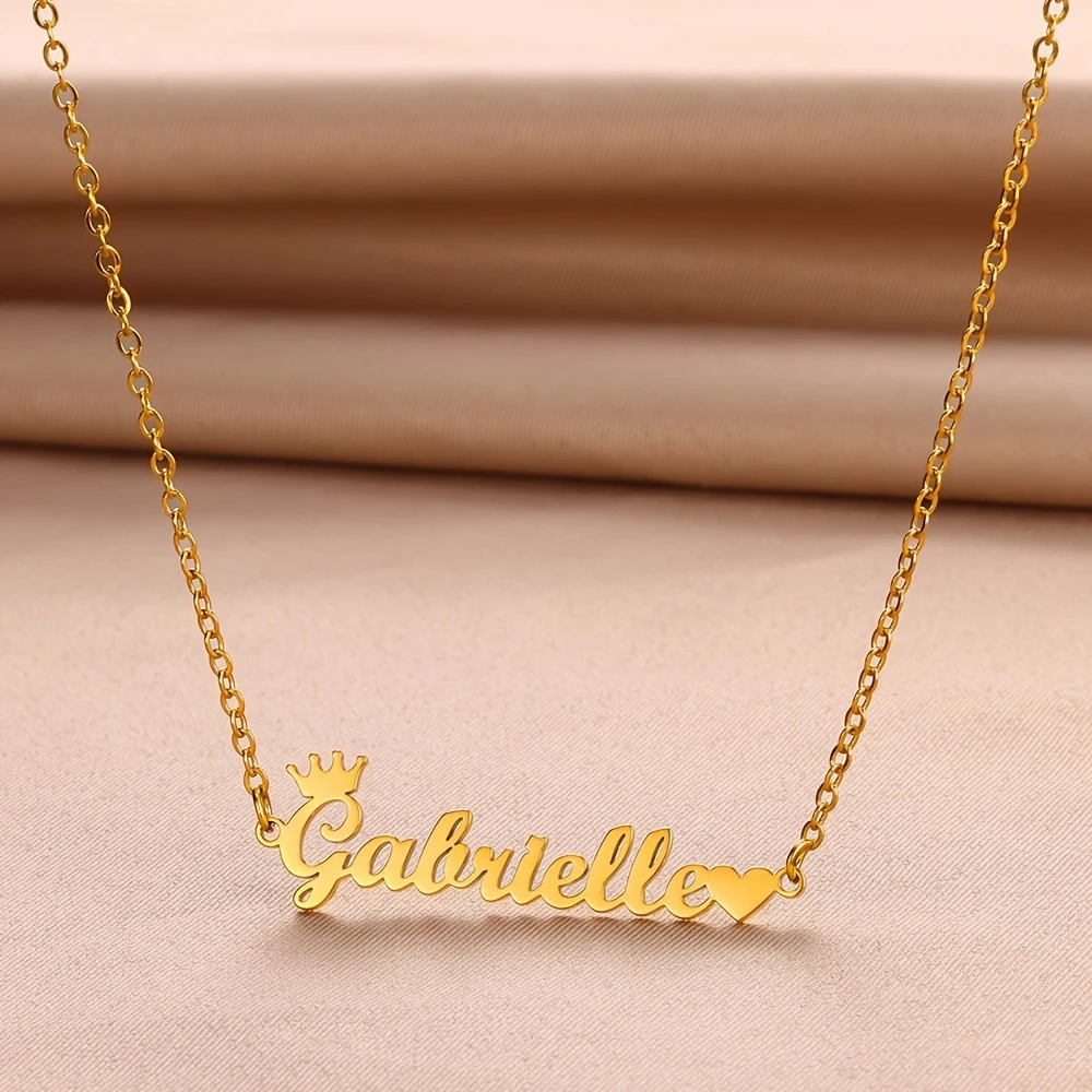 Golden Crown Heart Custom Name Necklace Stainless Steel Elegant Jewelry Gift for Women Valentine Daily Party Wear