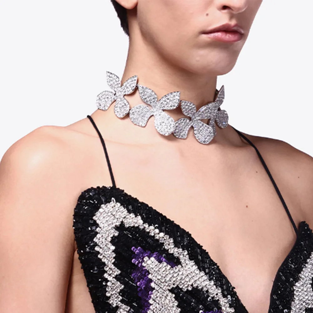 

Crystal Embellished Flower Charm Choker Necklace