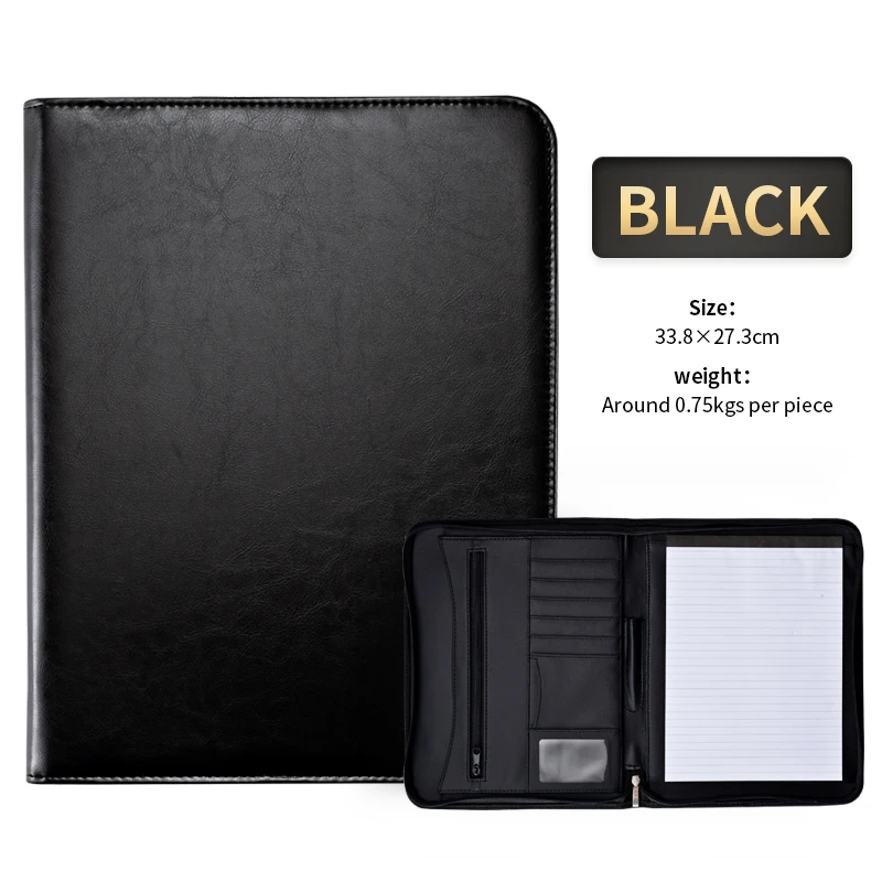 Black Professional Business Leather Portfolio For Men,A4 Leather Writing Pad Folder With Zipper,Leather Padfolio Folder