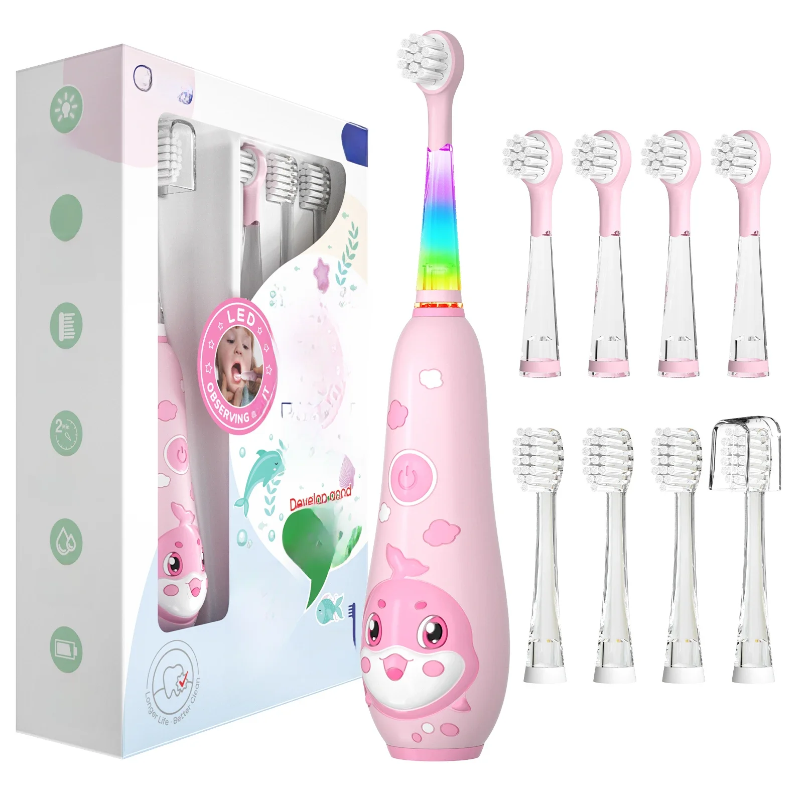 Seago Brosse à dents électrique pour enfants, modèle Dauphin, avec LED colorées, minuteur intelligent de 2 minutes, étanche IPX7, pour le nettoyage des dents