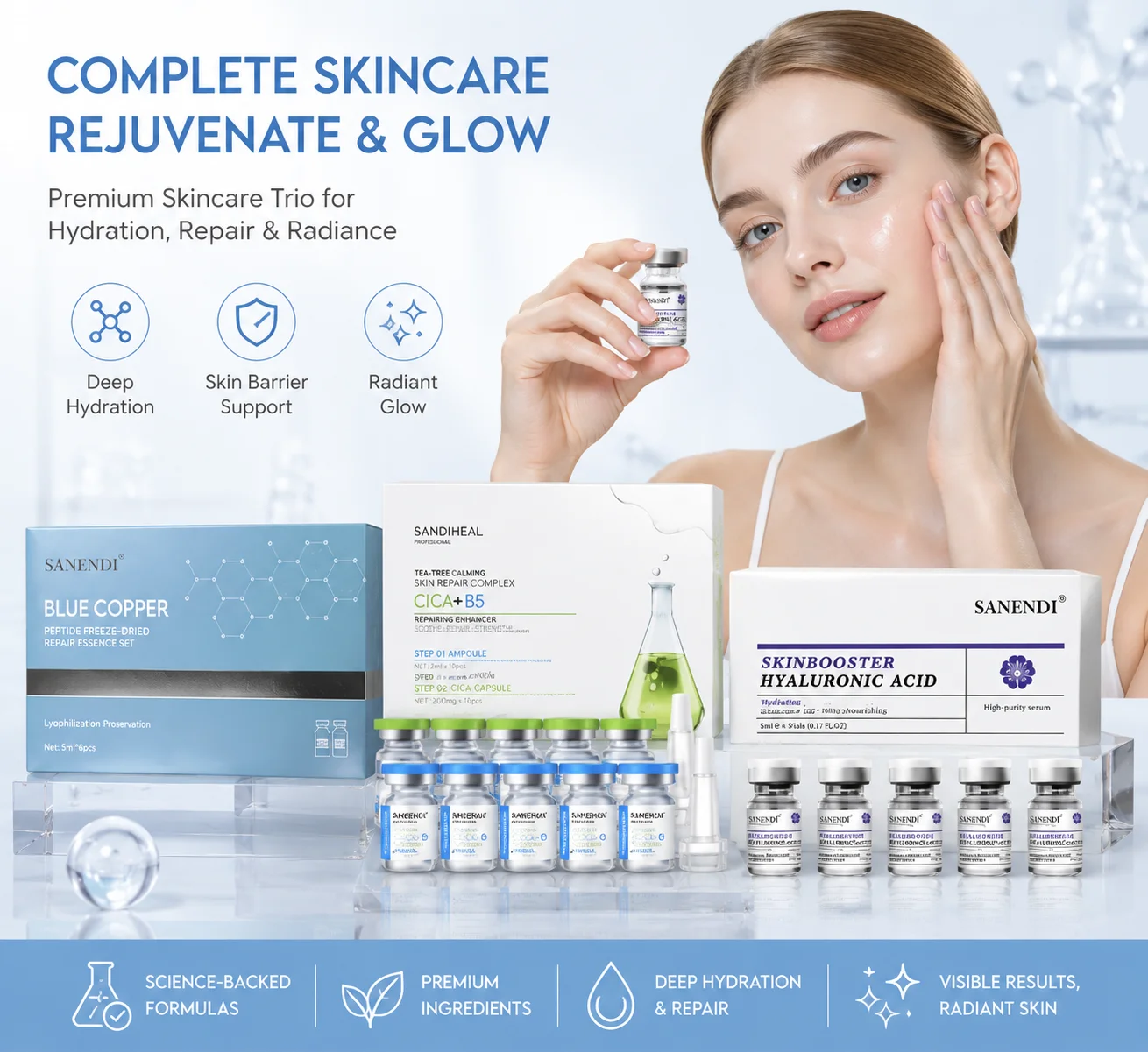 SANENDI Blue Copper Peptide Hyaluronic Acid Serum CICA B5 Face Care HA Korean Skin Care Solution 10Vials Beauty Salon Products
