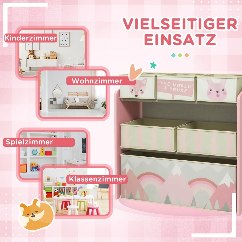 Kinder-Aufbewahrungsregal mit 6 Stoffboxen, Spielzeug- und Buchregal, 63 × 30 × 66 cm, Robustes Kinderregal mit Niedlichem Muster, Rosa
