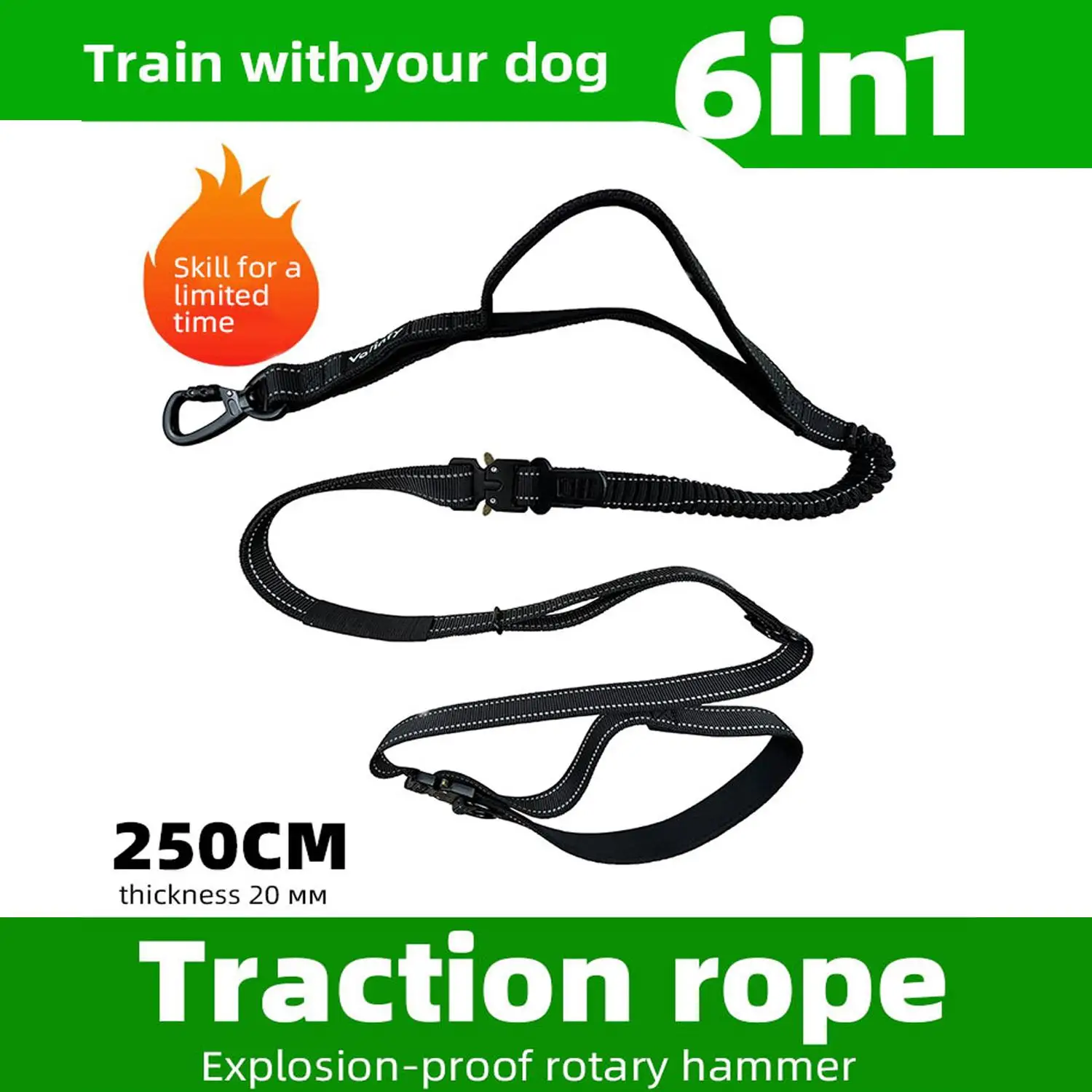 

dog leash for medium to large breeds, 6-in-1 multifunctional design. Features a car safety tether, waist-mounted leash, and ultr