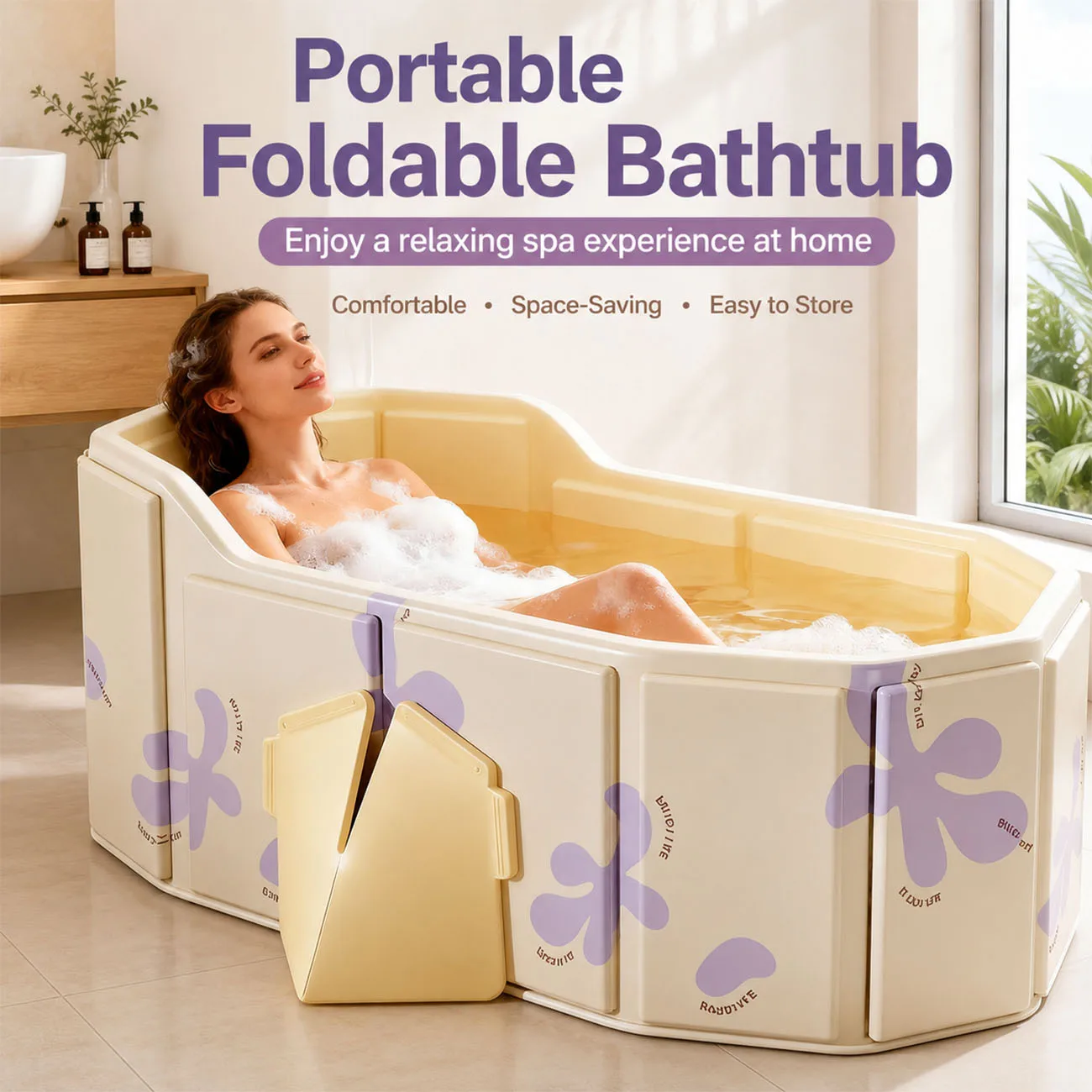 Portable Foldable Bathtub for Adults, Large Soaking Tub with Backrest, Space-Saving Home Spa Bath for Bathroom & Apartment