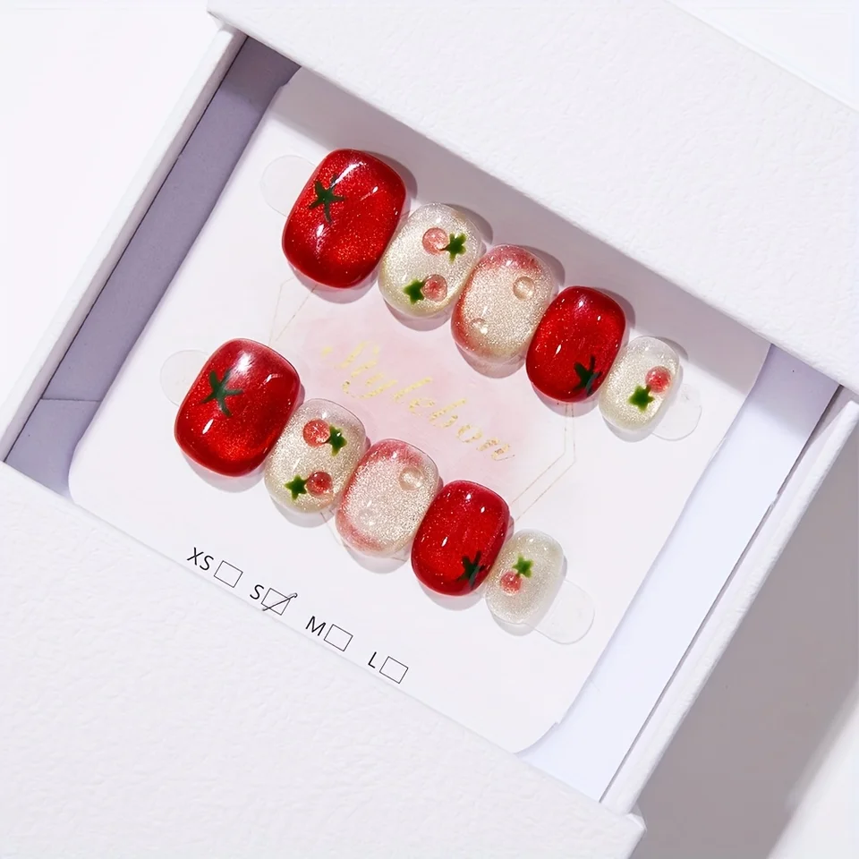 10 piezas de uñas postizas cortas ovaladas rojas festivas con diseño de tomate lindo, acabado brillante, set de arte de uñas para mujeres y niñas 4