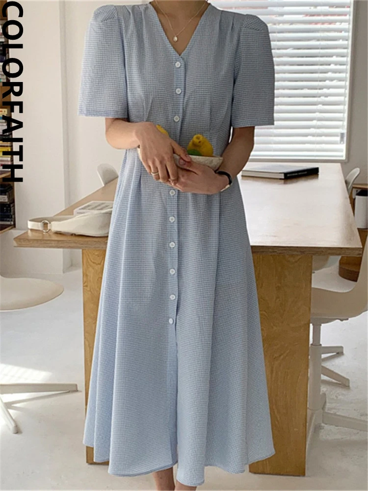 Colorfaith DR2506 2024 New Vintage Chic Lace Up Checkered Elegant Lady Korean Fashion High Waist Women Summer Long Shirt Dresses