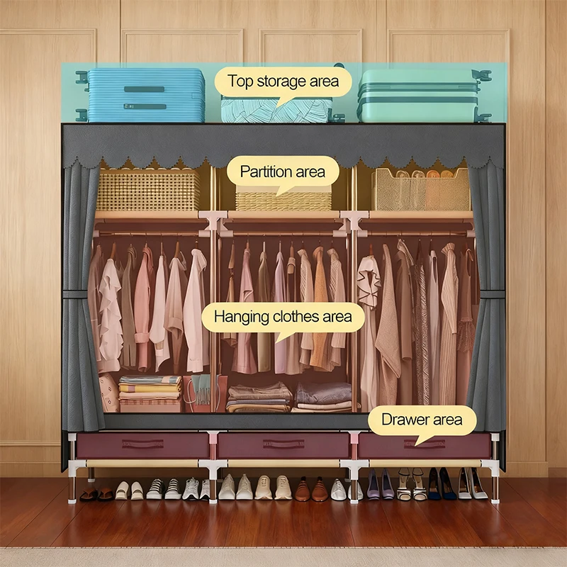 작은 공간을 위한 휴대용 옷 정리함 - 견고한 16mm 금속 프레임, 3칸 + 3개의 걸이 공간 + 3개의 서랍, 먼지 방지 옷장