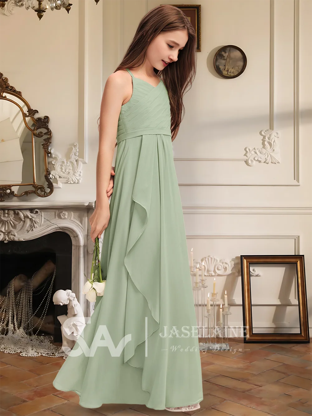 Элегантное шифоновое платье трапециевидной формы с V-образным вырезом длиной до пола и каскадными оборками, платье с цветочным узором для девочек на свадьбу, официальное