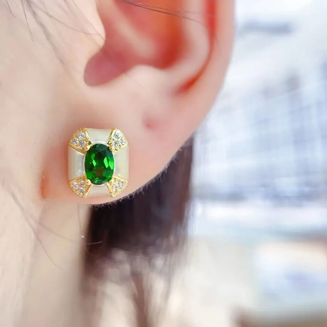 boutique jewelry natural diopside women's earrings 4x6mm electroplated 18K gold mother pearl design, give girlfriend's birthday