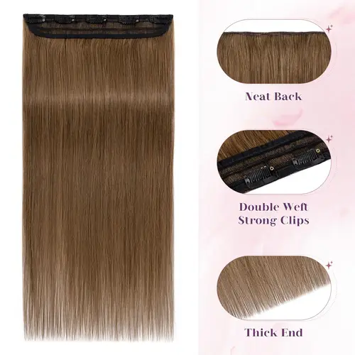 Imagen 2 del producto Extensiones de cabello humano con Clip de cabeza completa de una pieza, color marrón claro, liso, 1 pieza, 5 Clips, extensiones de cabello Remy para mujeres, 100 g/unidad