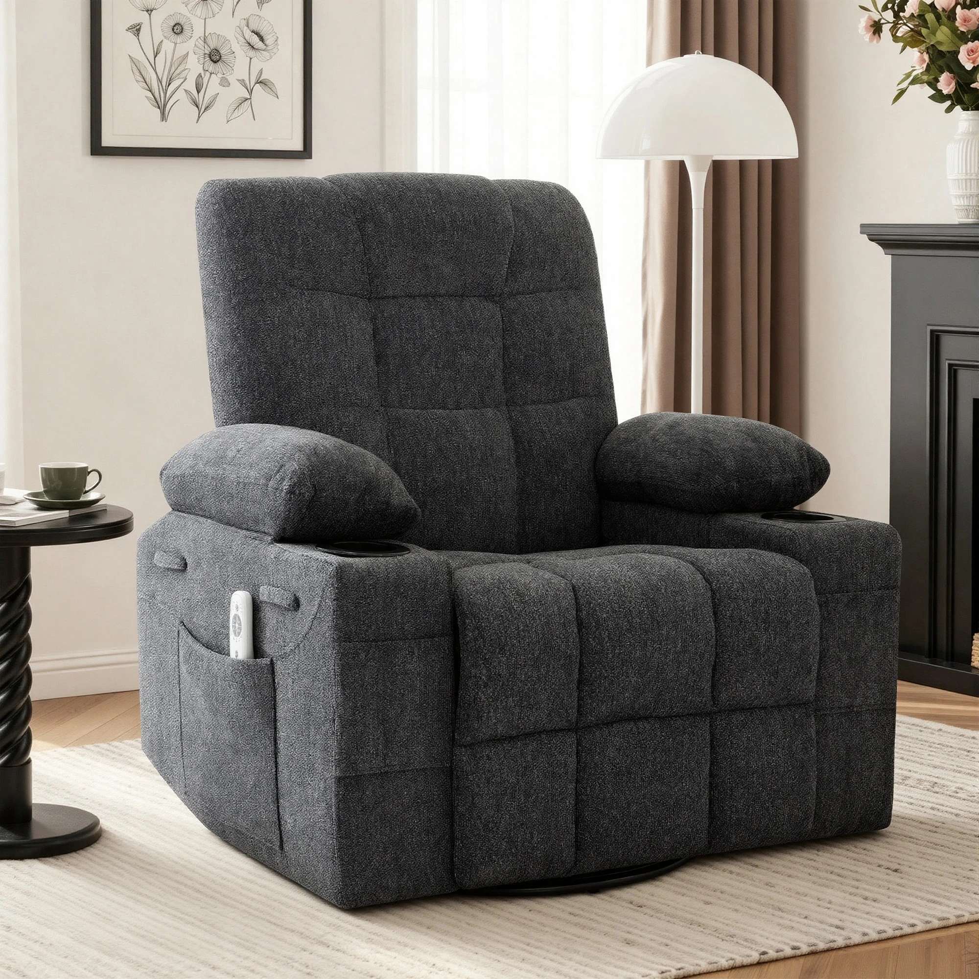 Soft Chenille Fabric Swivel Rocker Recliner Sofa Chair, 8 Vibration Points Lumbar Heating Manual Recliner with Storage Pockets
