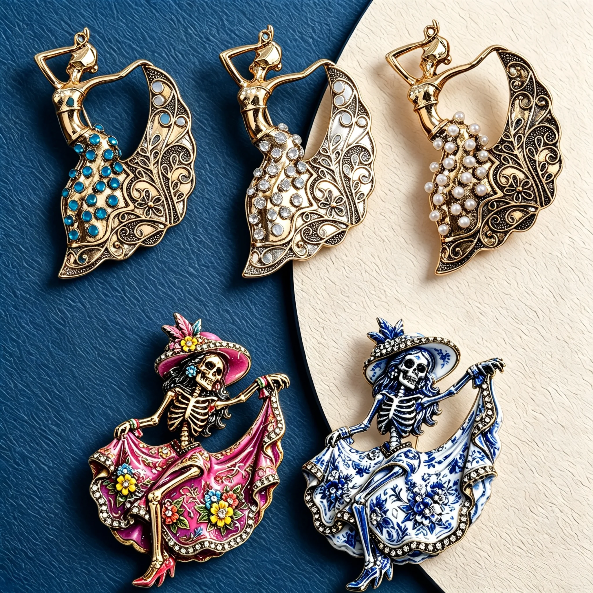 Essh&Pule Dancing Skeleton Lady Enamel Brooch Crystal Rhinestone Halloween Lapel Pin Gothic Suit Scarf Decor Unisex Jewelry Gift