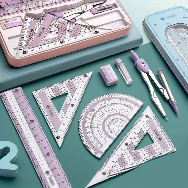 Exquisites 8-in-1-Lineal, Schreibwaren-Set, Kompasse aus Aluminiumlegierung, multifunktionales Kombinationslineal, Dreieck, Winkelmesser, Zeichnung, Geschenk
