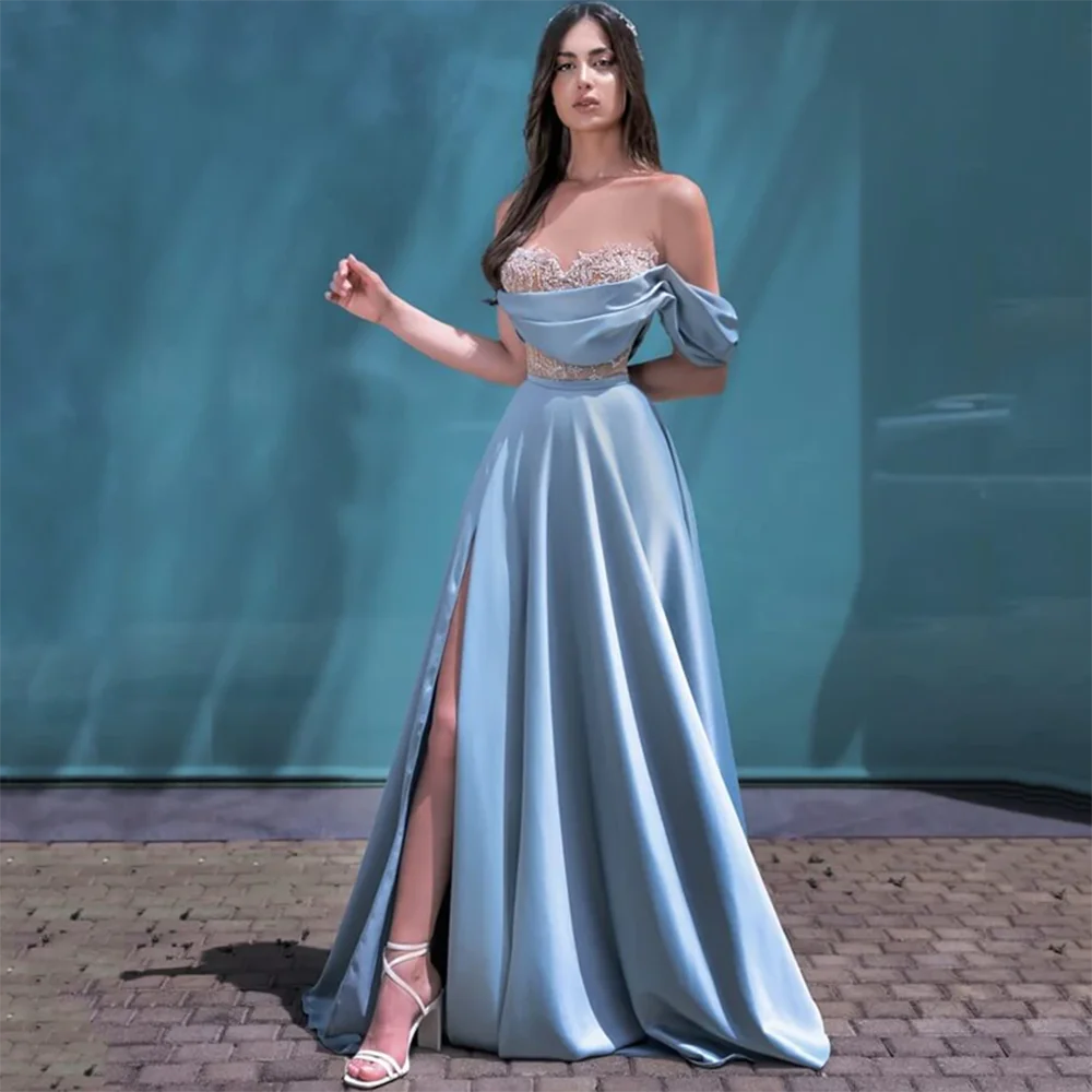 2023 Spring Autumn Fashion Long Prom Dresses Off Shoulder Sexey Evening Gown Slide Slit Lace Luxurious Satin Vestido De Gala